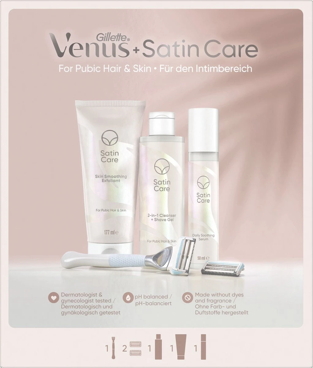 Giftpack Venus Satin Care - Scheersysteem + 2 Navulmesjes + 2-in-1 Reiniger + Scheergel 190ml + Exfoliant 177ml + Verzachtend Serum 50ml 8 Giftpack Venus Satin Care - Scheersysteem + 2 Navulmesjes + 2-in-1 Reiniger + Scheergel 190ml + Exfoliant 177ml + Verzachtend Serum 50ml - Afbeelding 6
