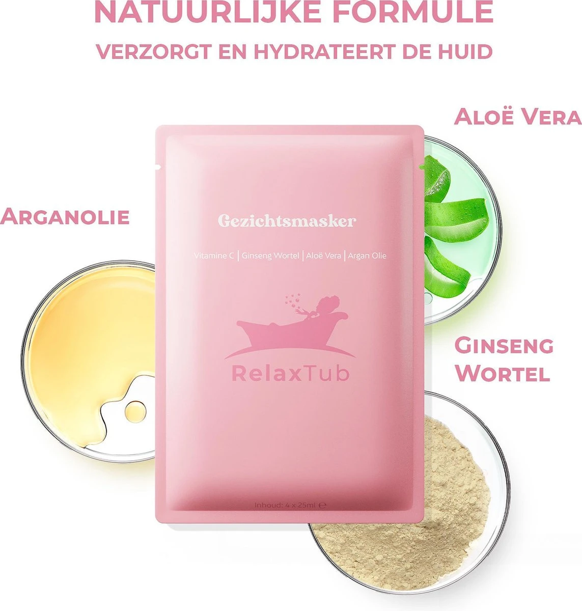 RelaxTub® Gezichtsmasker - 4 Stuks - Gezichtsmaskers Verzorging - Gezichtsmasker Hydraterend - Gezichtsverzorging Dames - Gezichtsmaskers Verzorging Meisjes - Bevat Vitamine C, Argan Olie, Aloë Vera, Ginseng Wortel - Dierproefvrij - 100% Natuurlijk 4 RelaxTub® Gezichtsmasker - 4 Stuks - Gezichtsmaskers Verzorging - Gezichtsmasker Hydraterend - Gezichtsverzorging Dames - Gezichtsmaskers Verzorging Meisjes - Bevat Vitamine C, Argan Olie, Aloë Vera, Ginseng Wortel - Dierproefvrij - 100% Natuurlijk - Afbeelding 2