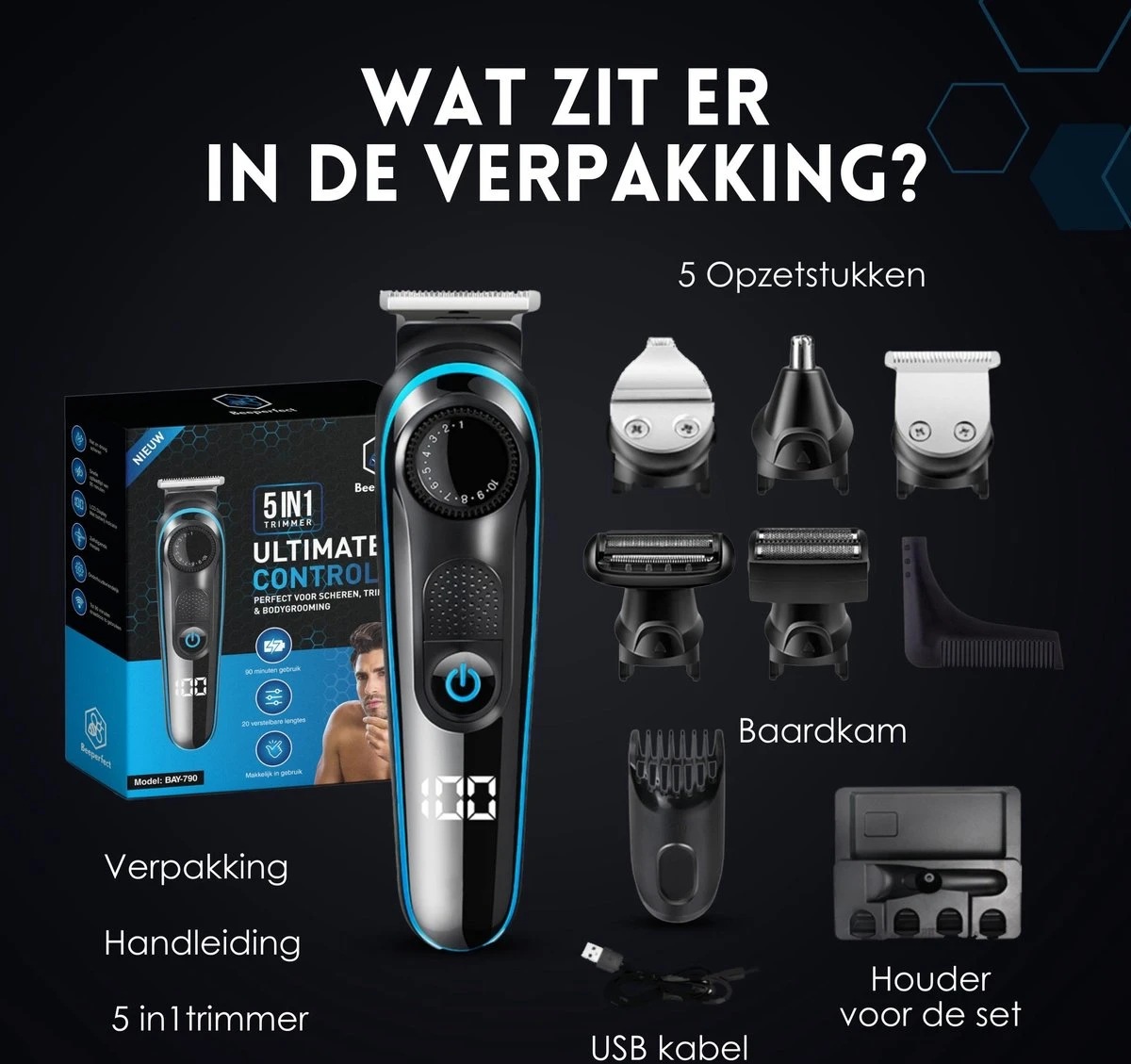 Beeperfect® 5 In 1 Baardtrimmer Voor Mannen - Incl. 5 Opzetstukken - Trimmer - Bodygroomer - Neus En Oortrimmer - 0.5-10MM - Gratis Baardkam 12 Beeperfect® 5 In 1 Baardtrimmer Voor Mannen - Incl. 5 Opzetstukken - Trimmer - Bodygroomer - Neus En Oortrimmer - 0.5-10MM - Gratis Baardkam - Afbeelding 10