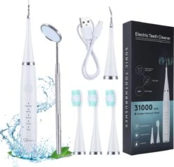 Merkloos Tandsteen Verwijderaar Elektrisch – Tandenborstel Opzetstukken - Tandarts Spiegel - 5 Standen -Wit