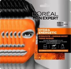 L'Oréal Paris Men Expert Hydra Energetic Tissue Gezichtsmasker - 5 Stuks - Herstelt En Hydrateert - Voordeelverpakking