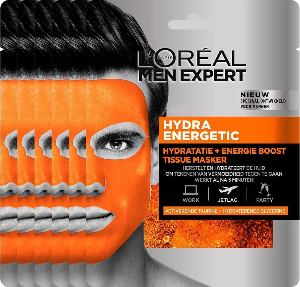 L'Oréal Paris Men Expert Hydra Energetic Tissue Gezichtsmasker - 5 Stuks - Herstelt En Hydrateert - Voordeelverpakking 3 L'Oréal Paris Men Expert Hydra Energetic Tissue Gezichtsmasker - 5 Stuks - Herstelt En Hydrateert - Voordeelverpakking