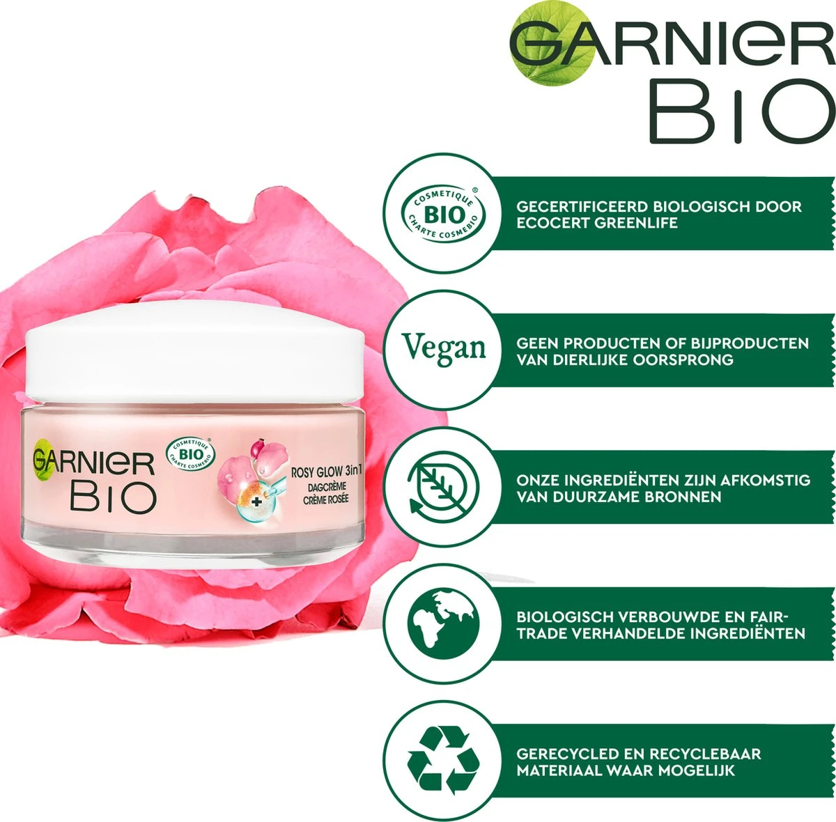Garnier Bio Skin Active Rosy Glow 3in1 Dagcrème - 50ml 5 Garnier Bio Skin Active Rosy Glow 3in1 Dagcrème - 50ml - Afbeelding 3