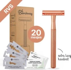 Bamboozy Safety Razor RVS + 20 Scheermesjes Rose Gold Goud Voor Vrouwen Dames Zero Waste Duurzaam Scheermesje Veiligheidsscheermes