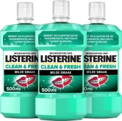 LISTERINE Clean & Fresh, Mondwater Met Essentiële Oliën En Fluoride, Zonder Alcohol, Bereikt De Plaatsen Die De Tandenborstel Mist – Zelfs Tussen De Beugel, 3 X 500 Ml -Gillette Winkel 1200x1190 2