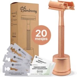 Bamboozy Safety Razor RVS Vlinder + Houder + 20 Scheermesjes Rose Gold Goud Voor Vrouwen Dames Mannen Double Edge Zero Waste Duurzaam Scheren