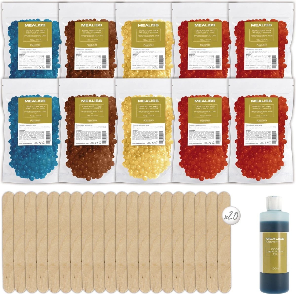 Wax - Mealiss Vulling - 1000 Gr Wax Beans - Ontharen - 20 Spatels - 100ml Olie 3 Wax - Mealiss Vulling - 1000 Gr Wax Beans - Ontharen - 20 Spatels - 100ml Olie