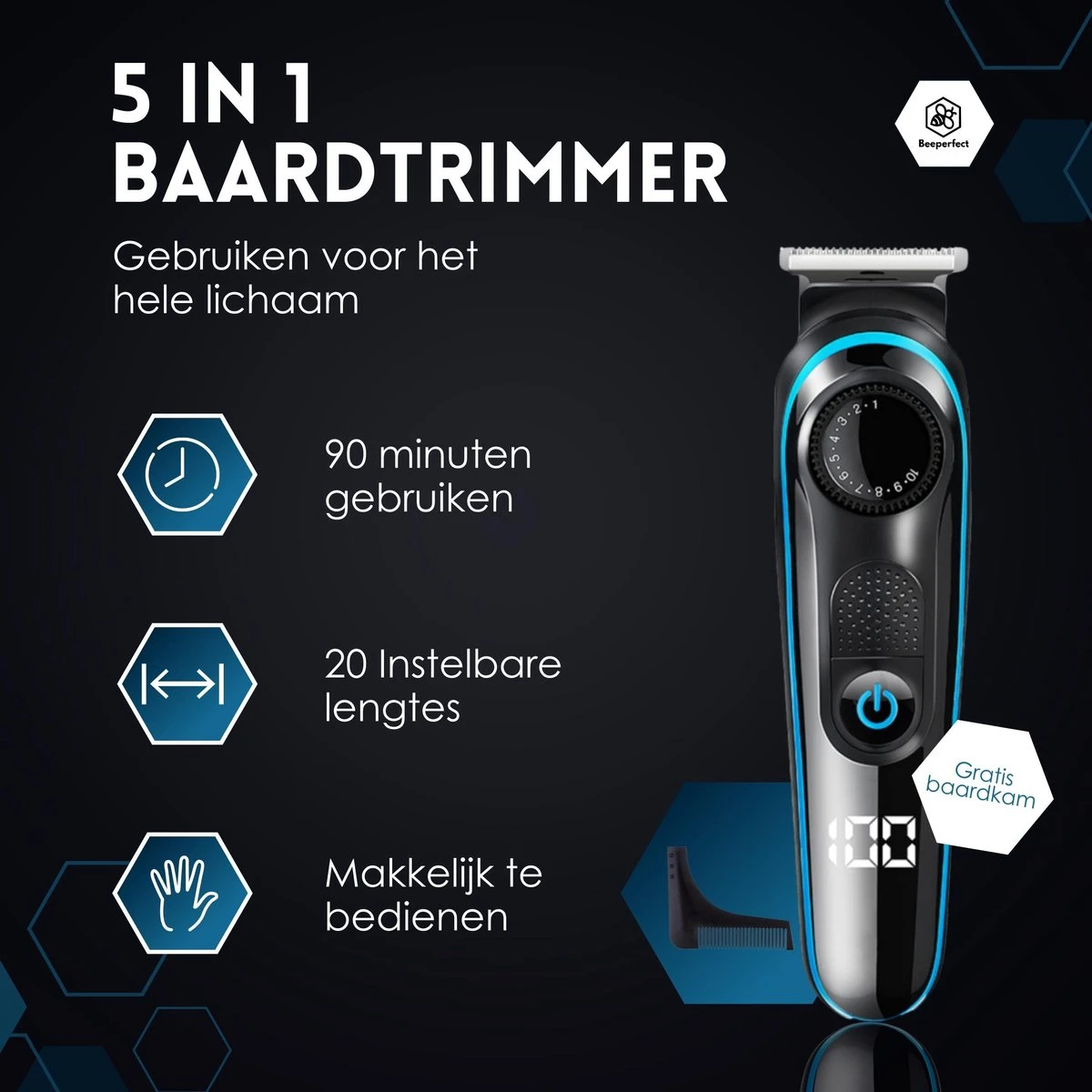 Beeperfect® 5 In 1 Baardtrimmer Voor Mannen - Incl. 5 Opzetstukken - Trimmer - Bodygroomer - Neus En Oortrimmer - 0.5-10MM - Gratis Baardkam 7 Beeperfect® 5 In 1 Baardtrimmer Voor Mannen - Incl. 5 Opzetstukken - Trimmer - Bodygroomer - Neus En Oortrimmer - 0.5-10MM - Gratis Baardkam - Afbeelding 5