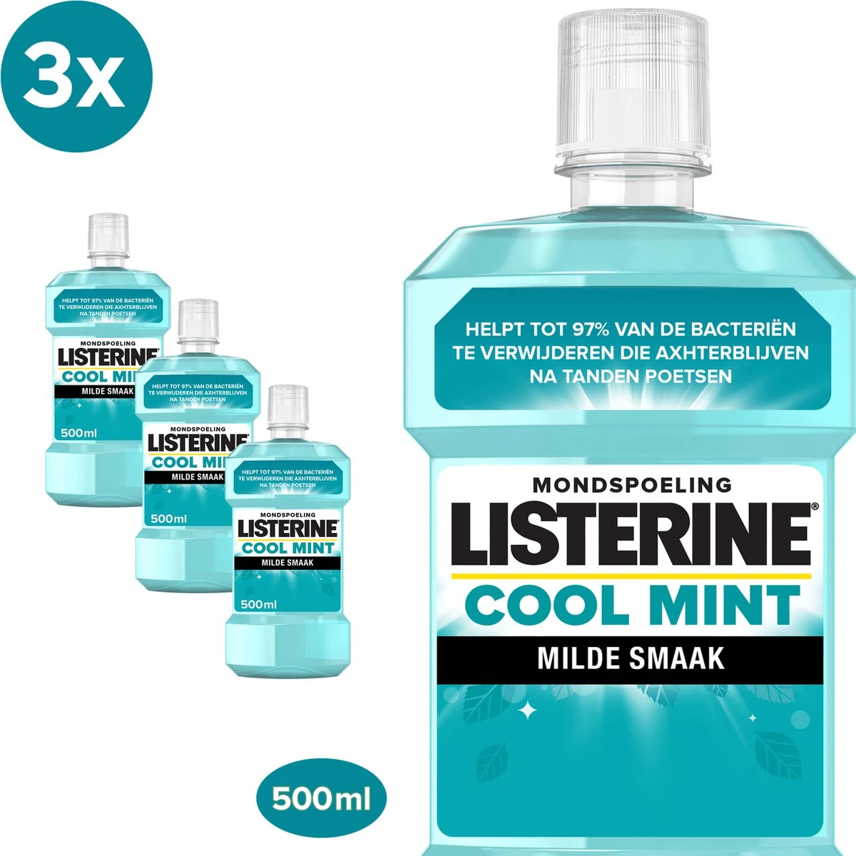 LISTERINE Cool Mint Milde Smaak, Mondspoeling Zonder Alcohol Met Etherische Oliën, Helpt Bacteriën Te Verwijderen En Zorgt Voor Een Langdurig Frisse Adem, 3 X 500 Ml 3 LISTERINE Cool Mint Milde Smaak, Mondspoeling Zonder Alcohol Met Etherische Oliën, Helpt Bacteriën Te Verwijderen En Zorgt Voor Een Langdurig Frisse Adem, 3 X 500 Ml