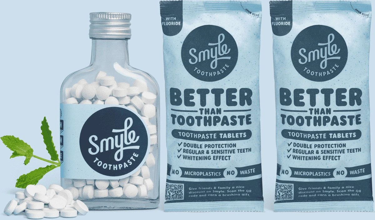 Smyle - Tandpasta Tabletten - Met Fluoride - Tandpasta Tabs + 2 Navulzakjes Van 65 Tabs 3 Smyle - Tandpasta Tabletten - Met Fluoride - Tandpasta Tabs + 2 Navulzakjes Van 65 Tabs