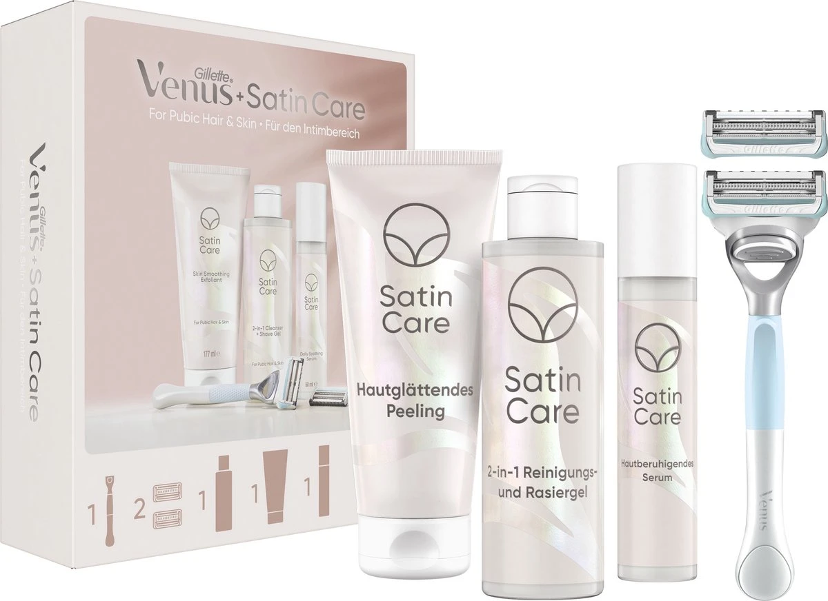 Giftpack Venus Satin Care - Scheersysteem + 2 Navulmesjes + 2-in-1 Reiniger + Scheergel 190ml + Exfoliant 177ml + Verzachtend Serum 50ml 3 Giftpack Venus Satin Care - Scheersysteem + 2 Navulmesjes + 2-in-1 Reiniger + Scheergel 190ml + Exfoliant 177ml + Verzachtend Serum 50ml