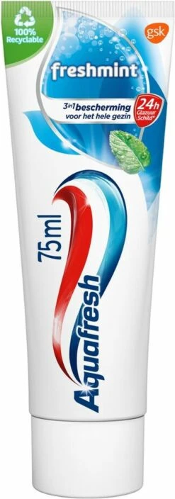 Aquafresh Freshmint 3in1 Tandpasta Voor Een Frisse Adem Voordeelverpakking 12x75ml, Recyclebare Plastic Tube En Dop -Gillette Winkel 421x1200 1