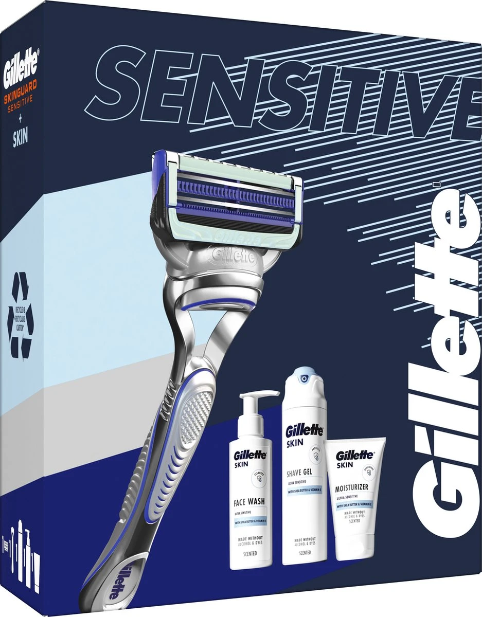 Gillette® Gillette Geschenkset SkinGuard Sensitive - Scheersysteem Voor Mannen + SkinGuard Scheergel 200ml + Hydraterende Crème 100ml + Gezichtsreiniger 140ml 4 Gillette® Gillette Geschenkset SkinGuard Sensitive - Scheersysteem Voor Mannen + SkinGuard Scheergel 200ml + Hydraterende Crème 100ml + Gezichtsreiniger 140ml - Afbeelding 2