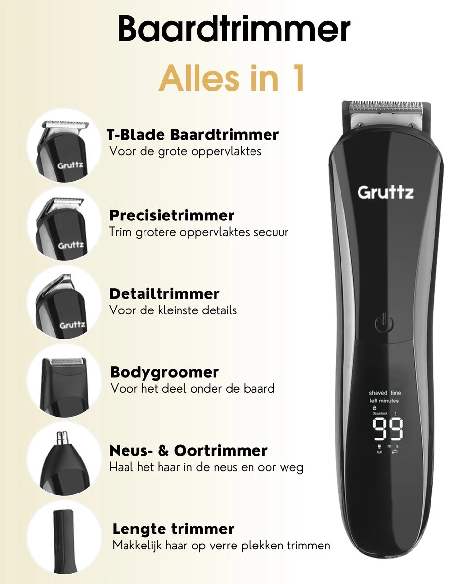 Gruttz - 11 In 1 Baardtrimmer Voor Mannen - Inclusief Reistas - Trimmer Baard Neus Oor En Lichaam - Bodygroomer Mannen 5 Gruttz - 11 In 1 Baardtrimmer Voor Mannen - Inclusief Reistas - Trimmer Baard Neus Oor En Lichaam - Bodygroomer Mannen - Afbeelding 3