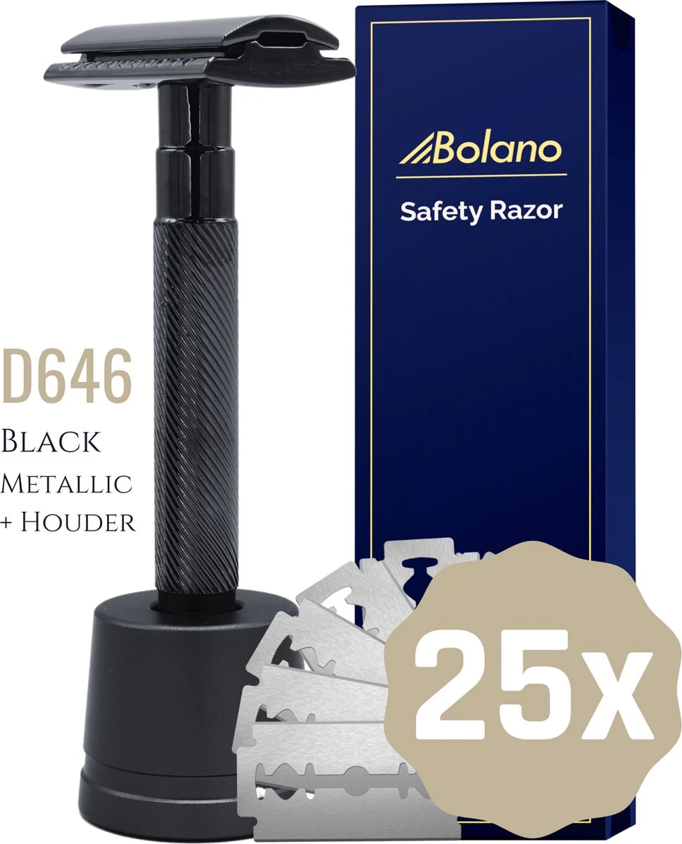 Bolano® Safety Razor Set Black Metallic + 25 Double Edge Scheermesjes + Houder - Klassiek Scheermes Voor Mannen En Vrouwen - Messing 3 Bolano® Safety Razor Set Black Metallic + 25 Double Edge Scheermesjes + Houder - Klassiek Scheermes Voor Mannen En Vrouwen - Messing